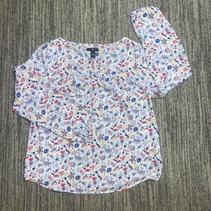 Gap Womens Blouse Medium V Neck White Floral Long Balloon Sleeve Top Shirt‎